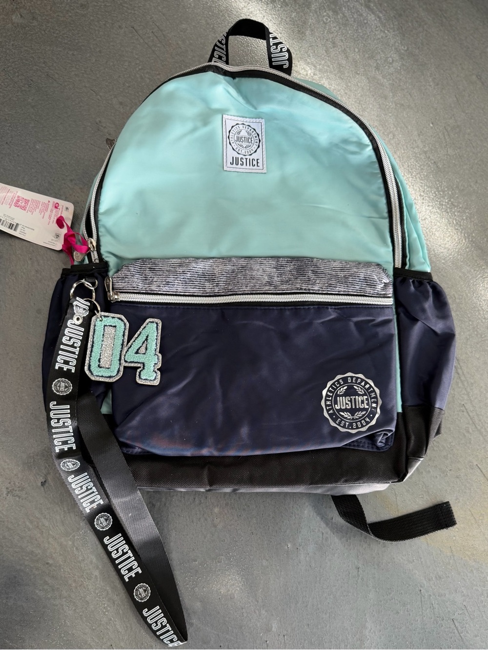 Justice Mint and Navy Colorblock Backpack with '04' Keychain